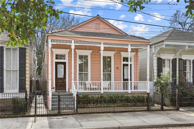 shotgun-style home featuring a gate, covered porch, a fenced front yard, and a shingled roof