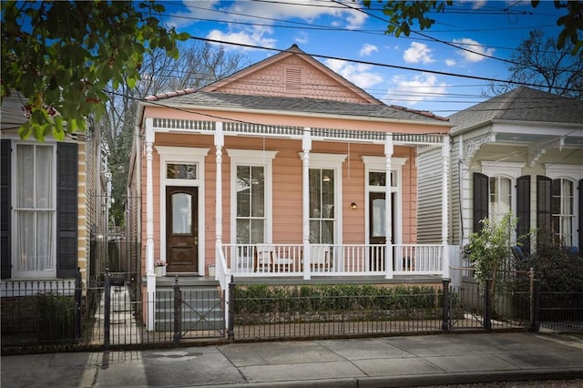 shotgun-style home with a fenced front yard, roof with shingles, covered porch, and a gate