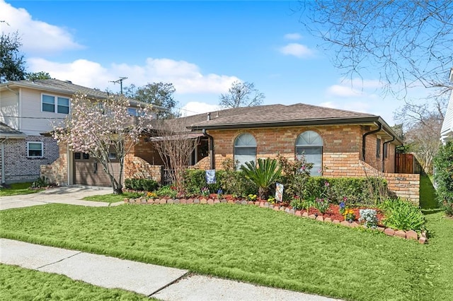 view of front of house with a front lawn, brick siding, and driveway