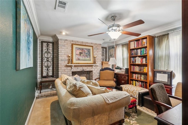 living area featuring visible vents, baseboards, ornamental molding, a fireplace, and a ceiling fan