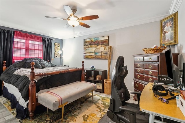 bedroom with a ceiling fan and ornamental molding