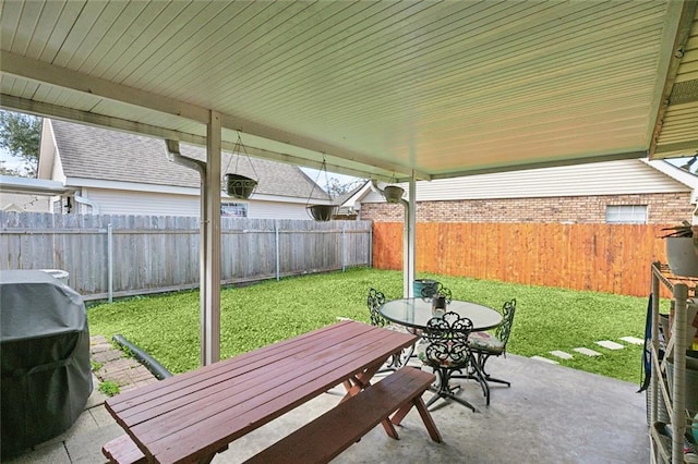 view of patio / terrace featuring a grill, outdoor dining area, and a fenced backyard