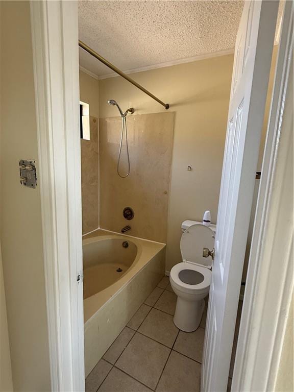 full bath with tile patterned flooring, shower / washtub combination, toilet, and a textured ceiling