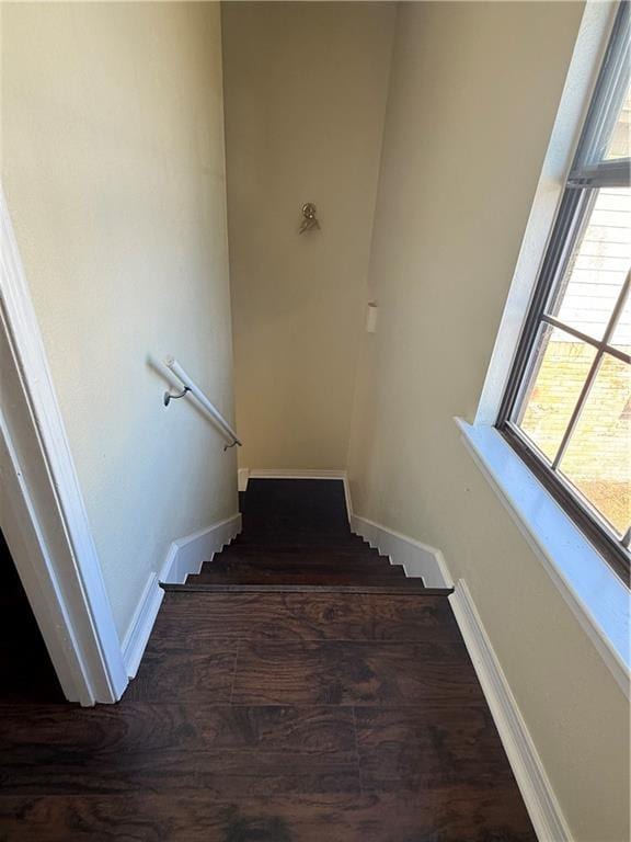 staircase with baseboards and wood finished floors