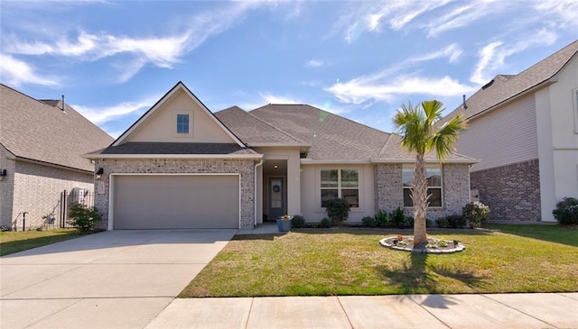 view of front of home with roof with shingles, concrete driveway, an attached garage, a front yard, and brick siding