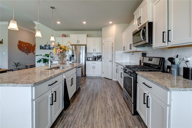 kitchen featuring backsplash, dark wood-style flooring, appliances with stainless steel finishes, and a sink