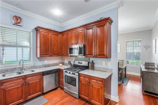 kitchen featuring a sink, a healthy amount of sunlight, light wood-type flooring, and stainless steel appliances