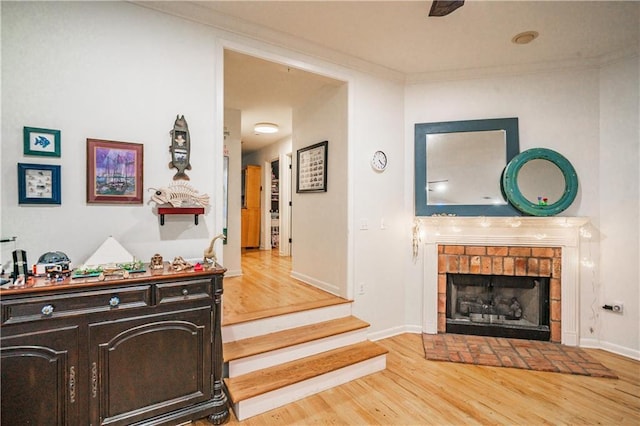 interior space featuring baseboards, wood finished floors, and crown molding