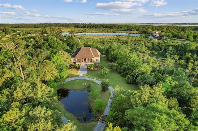 bird's eye view with a water view and a wooded view