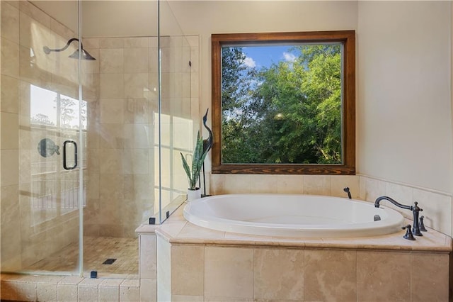 full bathroom featuring a shower stall, a garden tub, and a healthy amount of sunlight