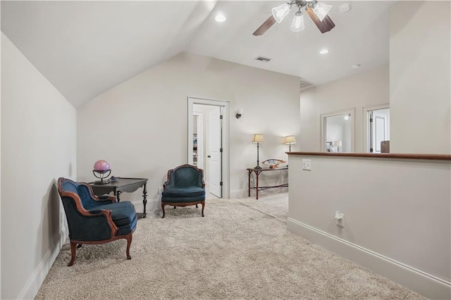 living area with visible vents, recessed lighting, baseboards, carpet, and lofted ceiling