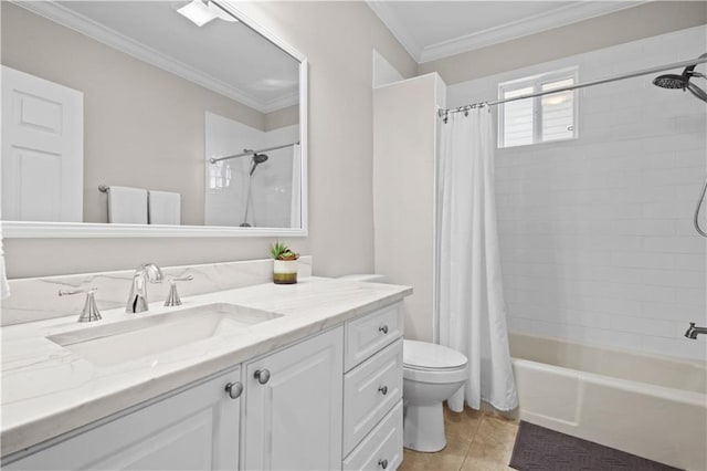 bathroom featuring tile patterned flooring, crown molding, toilet, and vanity