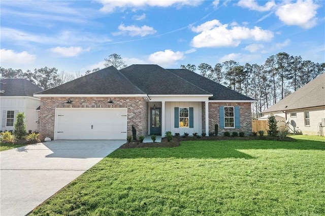 view of front facade featuring brick siding, driveway, a front yard, and a garage