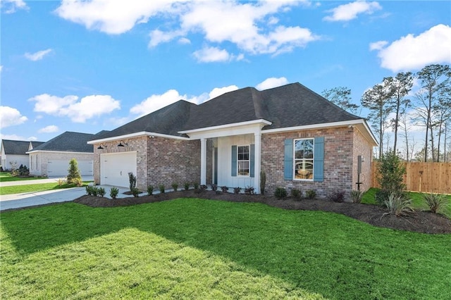 ranch-style home featuring brick siding, a front lawn, concrete driveway, and a garage