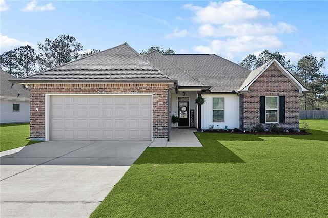 view of front facade featuring driveway, a shingled roof, an attached garage, a front yard, and brick siding