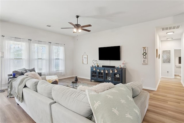 living area with visible vents, light wood-style flooring, baseboards, and ceiling fan