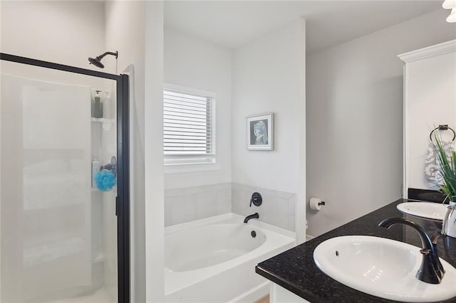 bathroom featuring a sink, a stall shower, double vanity, and a bath