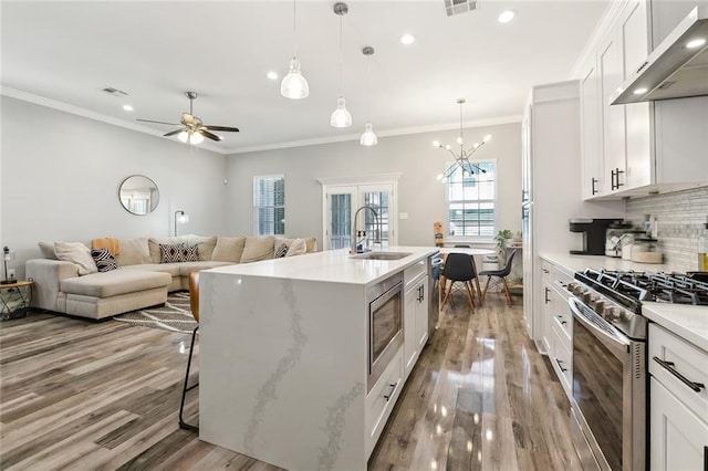 kitchen featuring wood finished floors, stainless steel appliances, decorative backsplash, a sink, and wall chimney exhaust hood