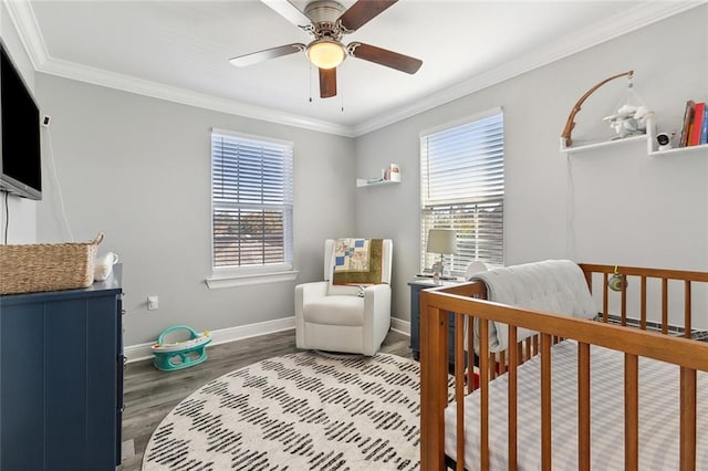 bedroom with multiple windows, wood finished floors, and ornamental molding