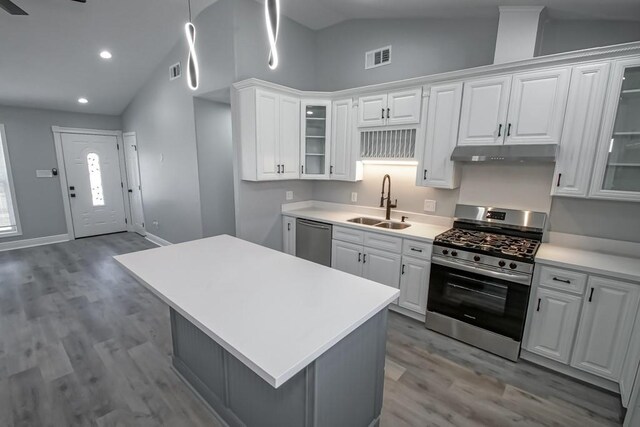 kitchen featuring under cabinet range hood, light countertops, vaulted ceiling, stainless steel appliances, and a sink