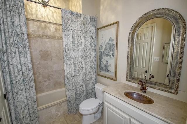 bathroom with vanity, toilet, shower / tub combo with curtain, and tile patterned flooring