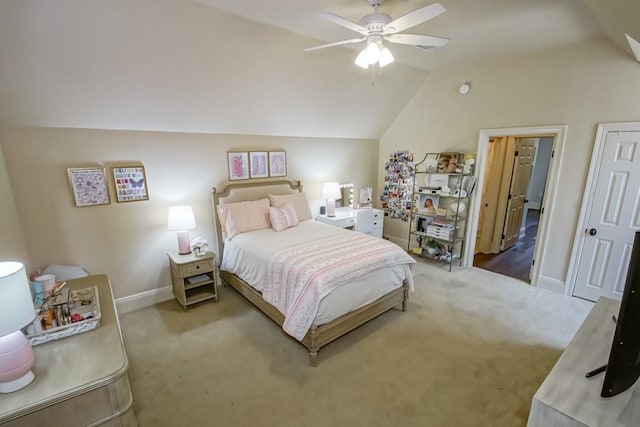 carpeted bedroom with baseboards, lofted ceiling, and ceiling fan