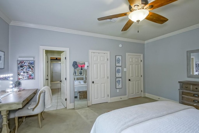 bedroom featuring ornamental molding, ensuite bathroom, baseboards, light colored carpet, and ceiling fan