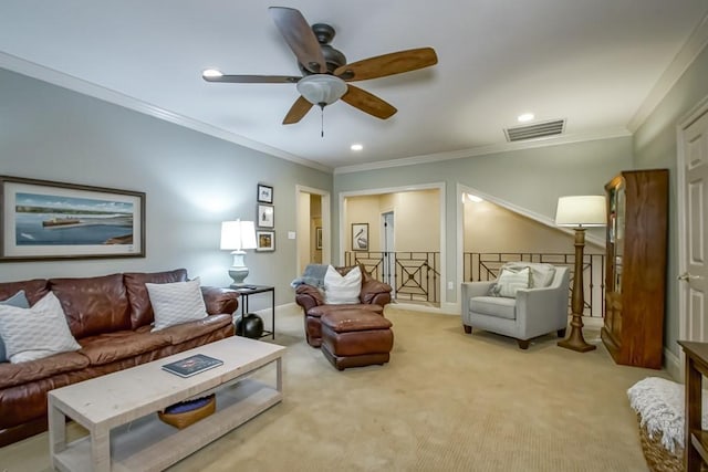 carpeted living room featuring ornamental molding, recessed lighting, visible vents, and ceiling fan
