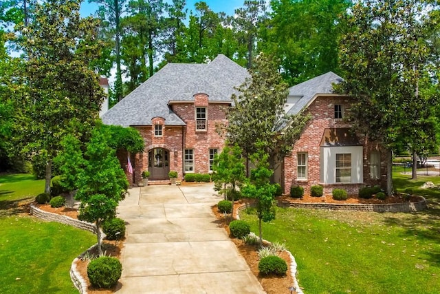 view of front facade with a front yard, brick siding, driveway, and a shingled roof