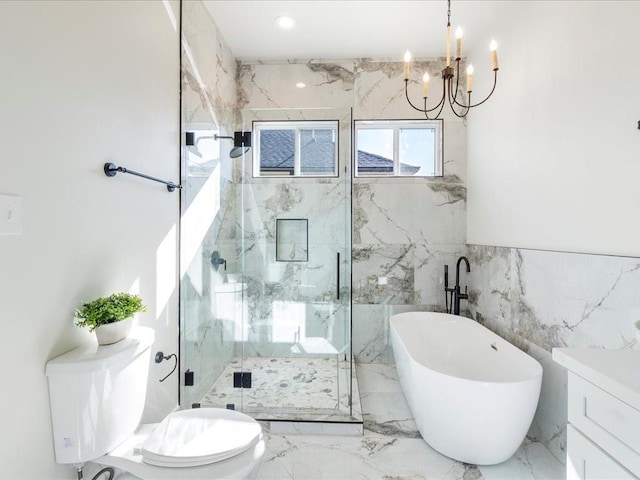 bathroom with a marble finish shower, a freestanding tub, recessed lighting, toilet, and marble finish floor