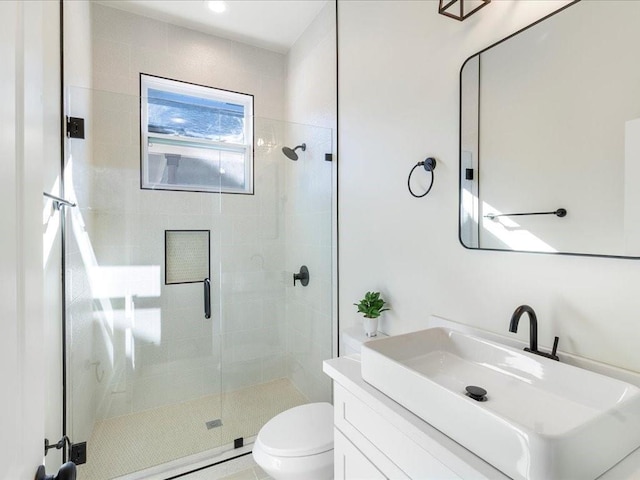 bathroom with vanity, toilet, and a shower stall