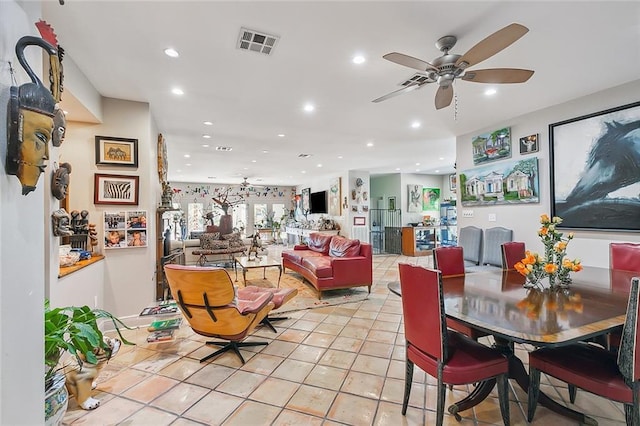 dining area with light tile patterned floors, visible vents, recessed lighting, and a ceiling fan