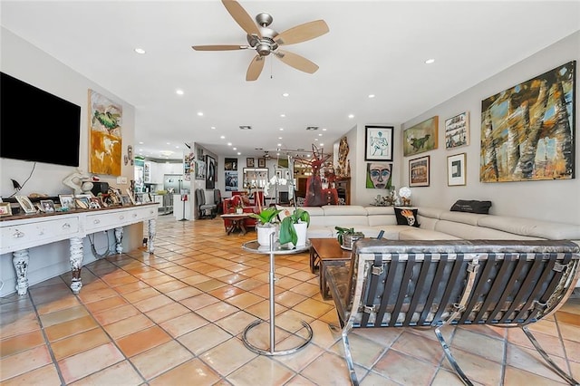 tiled living area featuring recessed lighting and ceiling fan