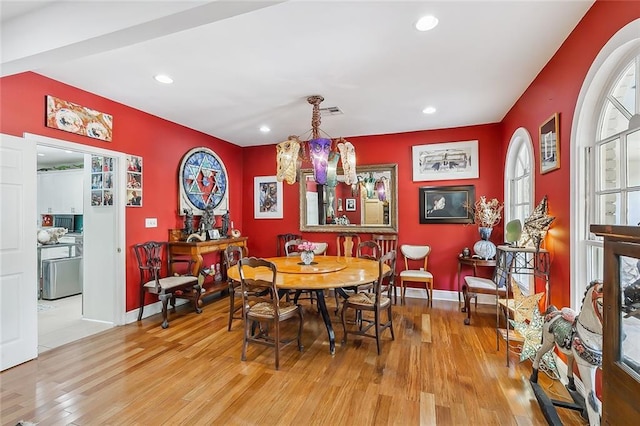 dining room with recessed lighting, visible vents, baseboards, and light wood finished floors