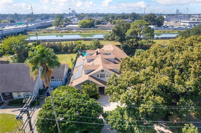 birds eye view of property featuring a water view