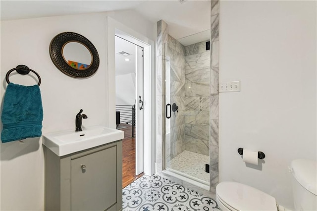 full bath featuring tile patterned flooring, visible vents, toilet, a stall shower, and vanity