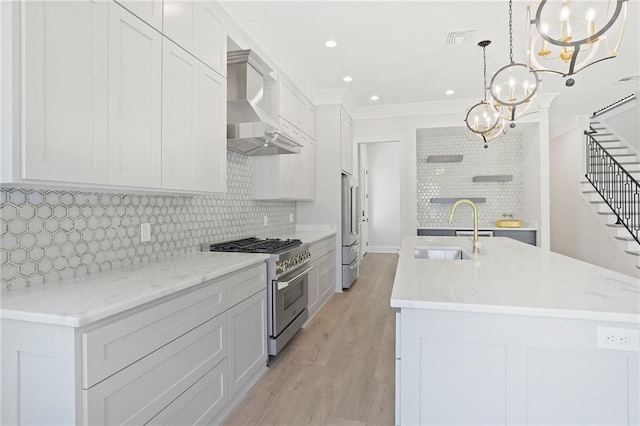 kitchen with high end appliances, a center island with sink, visible vents, a sink, and wall chimney range hood