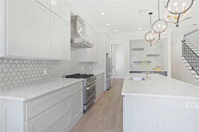 1416 Choctaw Ave, Metairie, LA 70005 - kitchen featuring an inviting chandelier, wall chimney exhaust hood, high end appliances, visible vents, and a sink