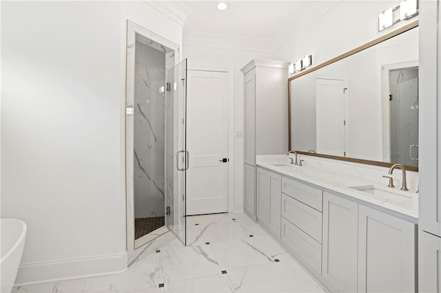 full bath featuring a sink, a marble finish shower, and marble finish floor