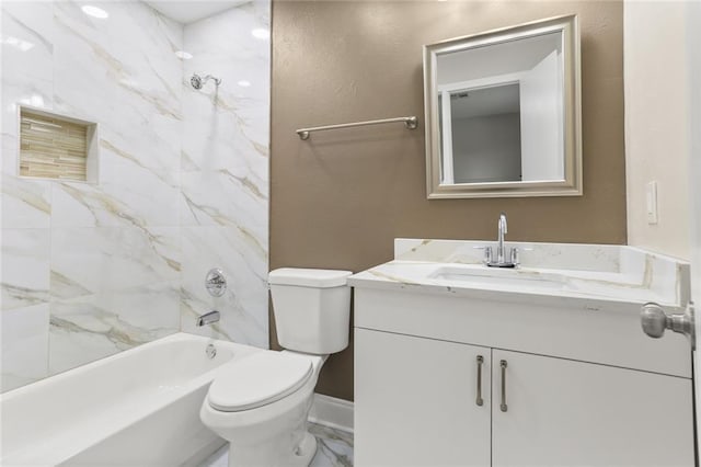 full bath featuring marble finish floor, shower / bathtub combination, toilet, and vanity