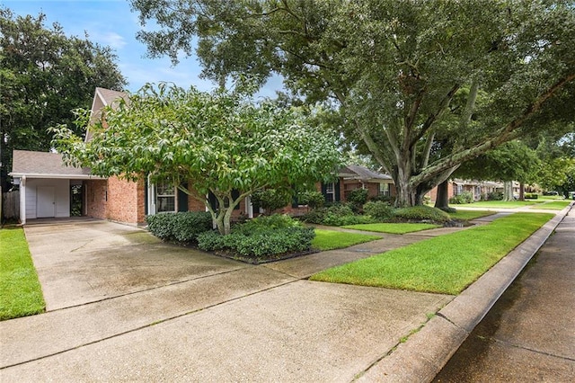 view of front of property with an attached carport, concrete driveway, brick siding, and a front yard