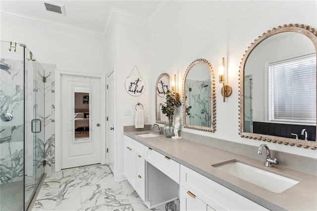 bathroom with a sink, visible vents, marble finish floor, and crown molding