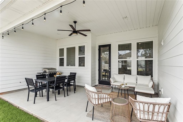 view of patio / terrace with a grill, an outdoor hangout area, outdoor dining area, and a ceiling fan