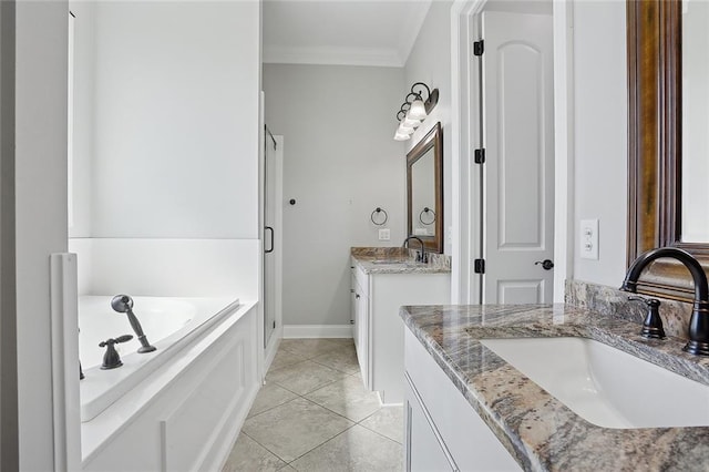 bathroom featuring a shower stall, ornamental molding, a bath, and a sink