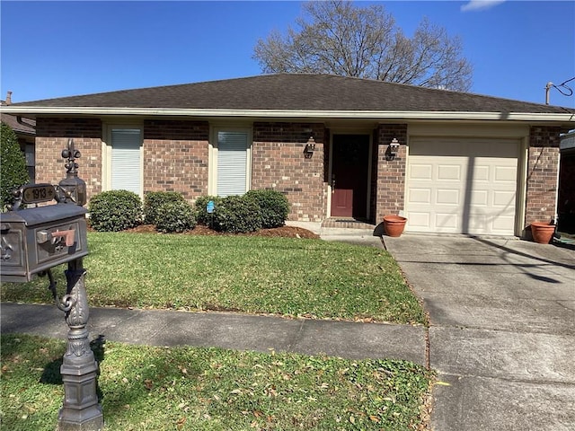 ranch-style house with roof with shingles, concrete driveway, an attached garage, a front yard, and brick siding