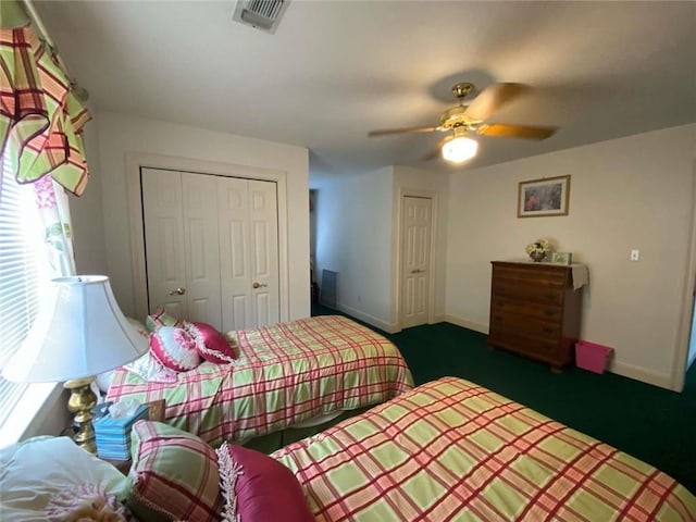 bedroom with a closet, visible vents, ceiling fan, and baseboards