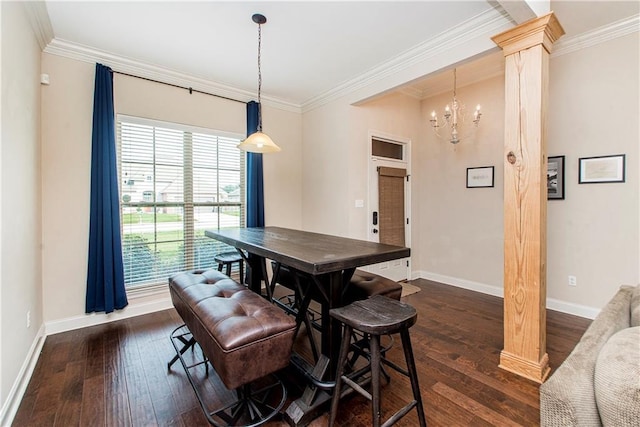 dining space featuring baseboards, a notable chandelier, dark wood-style floors, and crown molding