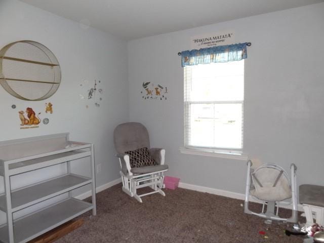 living area with carpet flooring and baseboards