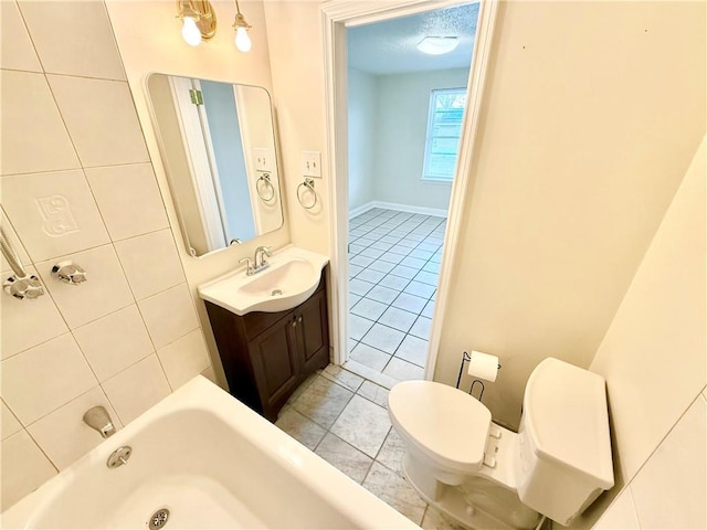 full bathroom with a bath, tile patterned flooring, toilet, and vanity