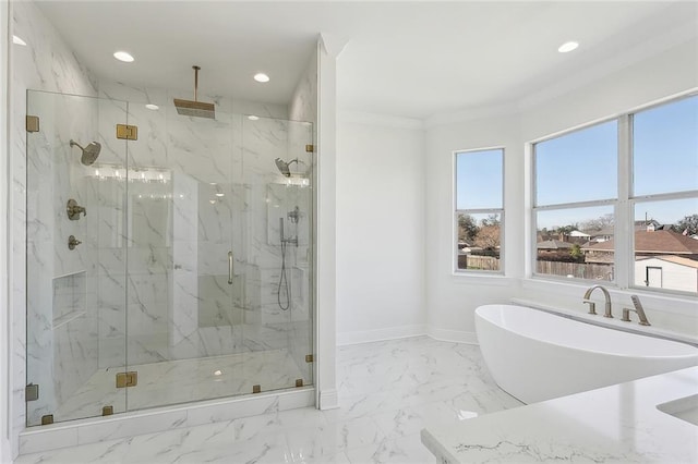 full bath with recessed lighting, baseboards, marble finish floor, and a marble finish shower